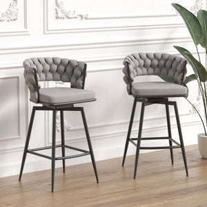 English Elm 26" Swivel Barstools Set of 2 Woven Back Suede Upholstered Gold Leg Counter Chairs W2189S00814