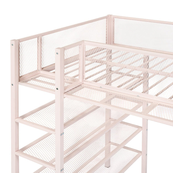English Elm Twin Metal Loft Bed with 4-Tier Shelves and Built-In Storage Shelf, Sturdy Iron Frame, Space-Saving Design Pink SF000237AAH