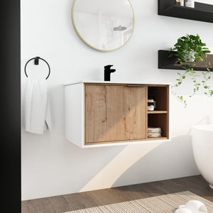 English Elm 30'' Floating Wall-Mounted Vanity with Ceramic Sink, Soft-Close Door, Open Shelves, Durable Plywood Finish W999S00123