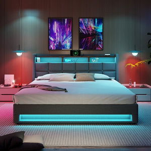 English Elm (=aa20690910g) Queen Upholstered Storage Bed with Led Lighting and Headboard Charging Ports AA20690910G-1