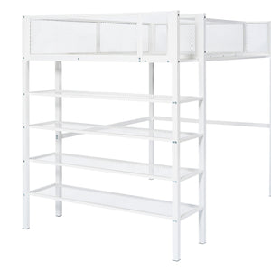 English Elm Twin Metal Loft Bed with 4-Tier Shelves and Built-In Storage Shelf, Sturdy Iron Frame, Space-Saving Design White SF000237AAK