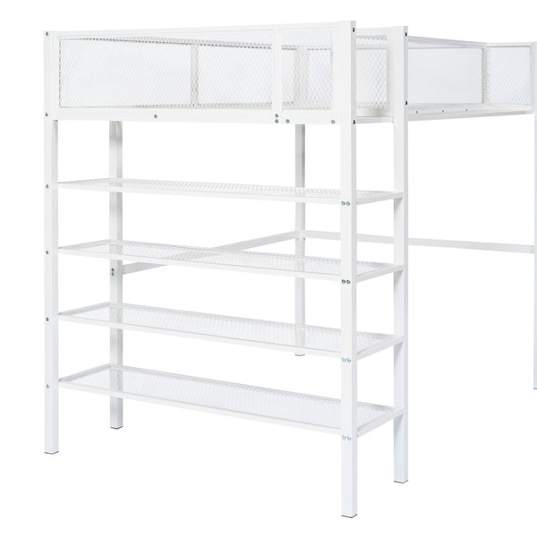 English Elm Twin Metal Loft Bed with 4-Tier Shelves and Built-In Storage Shelf, Sturdy Iron Frame, Space-Saving Design White SF000237AAK