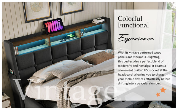 English Elm Full Upholstered Platform Bed with Hydraulic Storage, LED Lighting, USB Ports, Linen Wood Metal Design Grey AA20690708G