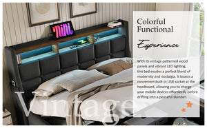 English Elm Queen Upholstered Platform Bed with Hydraulic Storage, LED Lighting, USB Ports & 800LB Capacity Grey AA20690910G