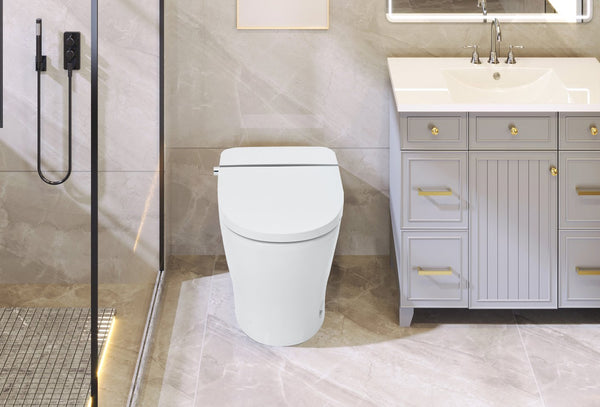 English Elm Smart Toilet Bidet Combo Compact Tankless Dual-Flush 1/1.28 GPF Foot-Sensor LED Night Light Soft-Close WF314231AAA