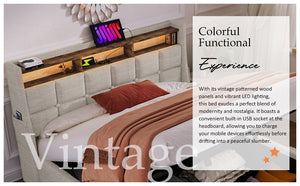 English Elm Full Upholstered Platform Bed with Hydraulic Storage, LED Lighting, USB Ports, Linen Wood Metal Design Natural AA20690708B