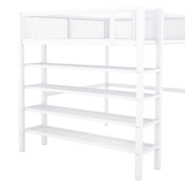 English Elm Full Size Metal Loft Bed with 4-tier Shelving Ladder for Kids or Teen Rooms SF000247AAK