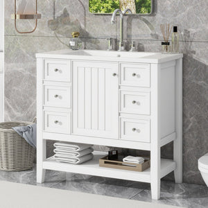 English Elm 36" Bathroom Vanity With Center Sink, Solid Wood & Mdf, 3 Drawers, Elegant White Finish, Modern Style N725P246500K
