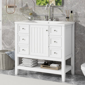 English Elm 36" Bathroom Vanity With Sink Combo, One Cabinet and Three Drawers, Solid Wood and Mdf Board, White