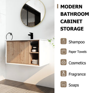 English Elm 30'' Floating Wall-Mounted Vanity with Ceramic Sink, Soft-Close Door, Open Shelves, Durable Plywood Finish W999S00123