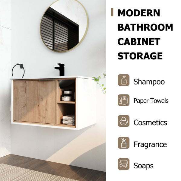 English Elm 30'' Floating Wall-Mounted Vanity with Ceramic Sink, Soft-Close Door, Open Shelves, Durable Plywood Finish W999S00123