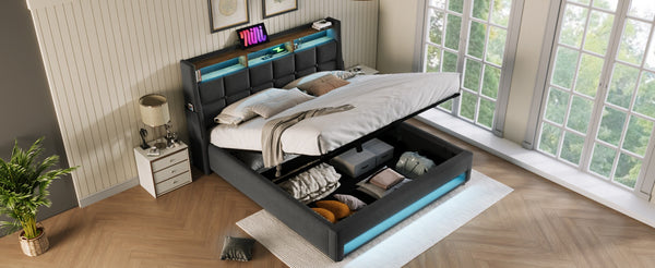 English Elm (=aa20690910g) Queen Upholstered Storage Bed with Led Lighting and Headboard Charging Ports AA20690910G-1