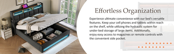 English Elm Queen Upholstered Platform Bed with Hydraulic Storage, LED Lighting, USB Ports & 800LB Capacity Grey AA20690910G