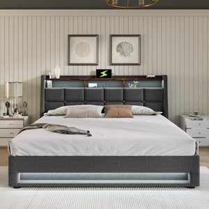 English Elm (=aa20690910g) Queen Upholstered Storage Bed with Led Lighting and Headboard Charging Ports AA20690910G-1