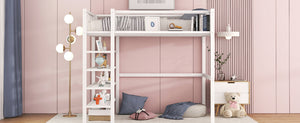 English Elm Twin Metal Loft Bed with 4-Tier Shelves and Built-In Storage Shelf, Sturdy Iron Frame, Space-Saving Design White SF000237AAK