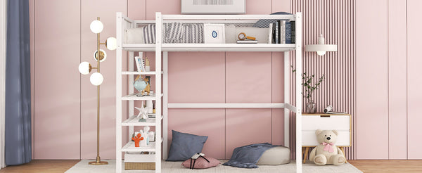 English Elm Twin Metal Loft Bed with 4-Tier Shelves and Built-In Storage Shelf, Sturdy Iron Frame, Space-Saving Design White SF000237AAK
