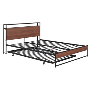 English Elm Queen Metal Platform Bed with Trundle, USB Ports, Sturdy Wood Slats & No Box Spring Needed Black MF299542AAB
