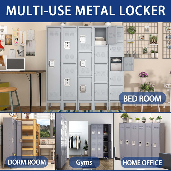 English Elm 3 Door 72"H metal lockers with locks — durable steel storage cabinet for gym, office, school security and organization T2398P151995