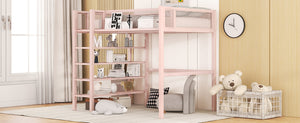 English Elm Twin Metal Loft Bed with 4-Tier Shelves and Built-In Storage Shelf, Sturdy Iron Frame, Space-Saving Design Pink SF000237AAH