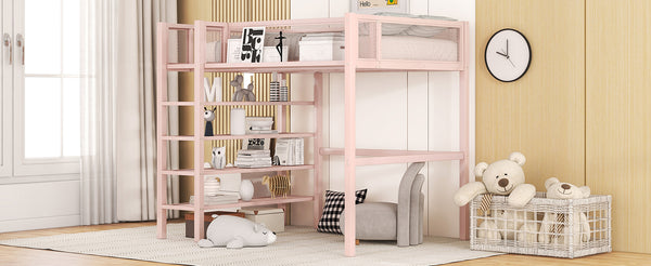 English Elm Twin Metal Loft Bed with 4-Tier Shelves and Built-In Storage Shelf, Sturdy Iron Frame, Space-Saving Design Pink SF000237AAH