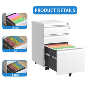 English Elm 3 Drawer Mobile File Cabinet With Lock - Compact Metal Organizer For Home Office, Fully Assembled White T2398P152000