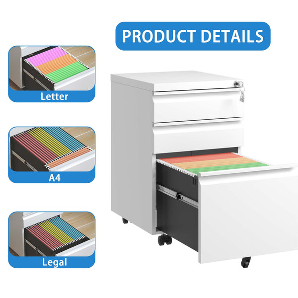 English Elm 3 Drawer Mobile File Cabinet With Lock - Compact Metal Organizer For Home Office, Fully Assembled White T2398P152000