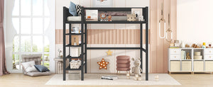 English Elm Twin Metal Loft Bed with 4-Tier Shelves and Built-In Storage Shelf, Sturdy Iron Frame, Space-Saving Design Black SF000237AAB
