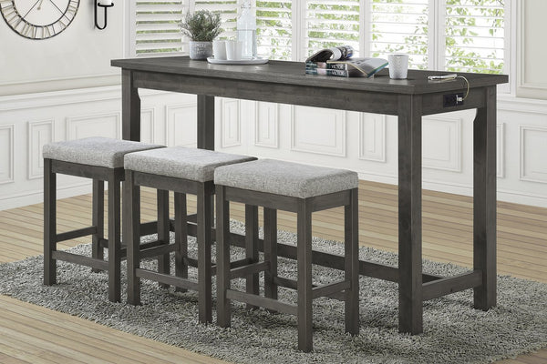 English Elm 4pc Counter Height Dining Set with Built-In USB & Outlets, Drawer Table and 3 Cushioned Stools Gray 69.25 L x 30.25 W x 8.5 H B011P151856