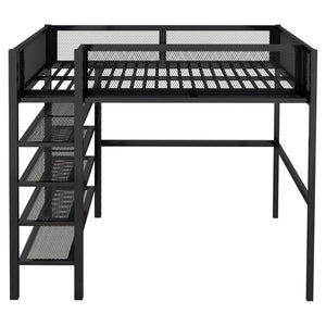 English Elm Full Size Metal Loft Bed with 4-tier Shelving Ladder for Kids or Teen Rooms Black SF000247AAB