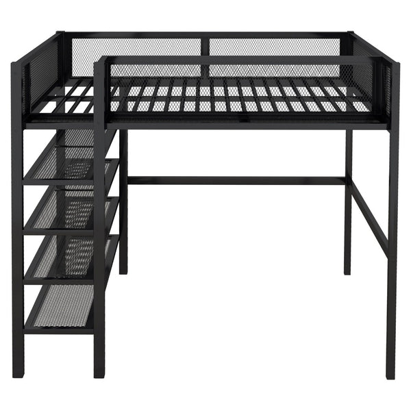 English Elm Full Size Metal Loft Bed with 4-tier Shelving Ladder for Kids or Teen Rooms Black SF000247AAB