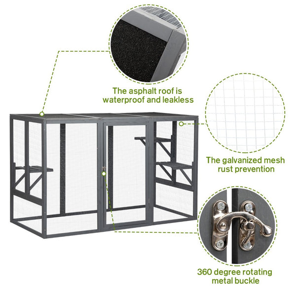 English Elm Spacious Pine Outdoor Cat Enclosure with Weatherproof Roof and Adjustable Platforms W2181P151919