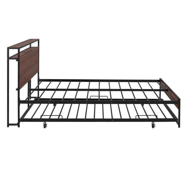 English Elm Full Metal Platform Bed with Trundle and USB Ports, Rustic MDF Wood Planks, Slat Support, No Box Spring Needed Black MF299538AAB