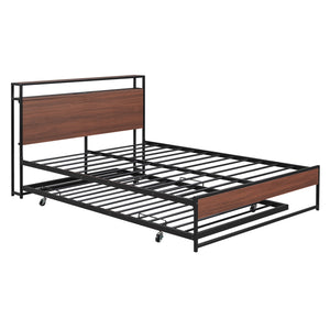 English Elm Full Metal Platform Bed with Trundle and USB Ports, Rustic MDF Wood Planks, Slat Support, No Box Spring Needed Black MF299538AAB