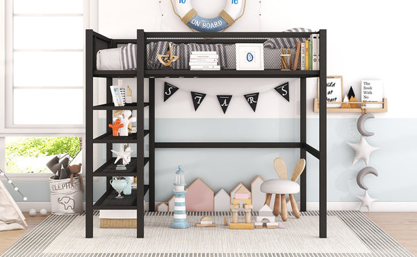 English Elm Full Size Metal Loft Bed with 4-tier Shelving Ladder for Kids or Teen Rooms Black SF000247AAB