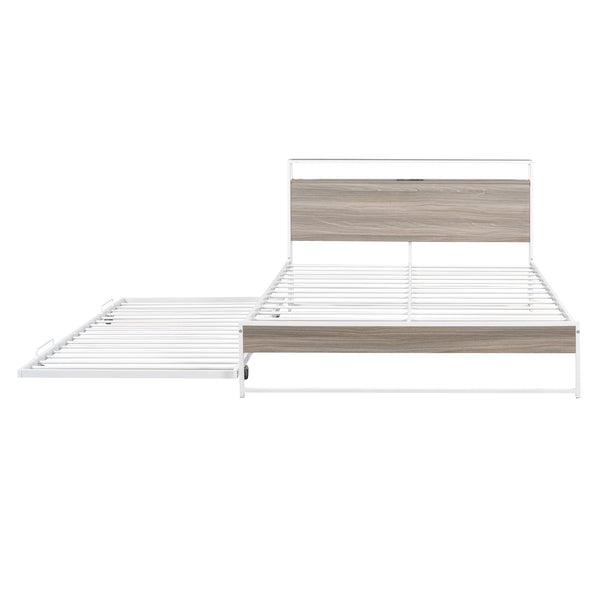 English Elm Queen Metal Platform Bed with Trundle, USB Ports, Sturdy Wood Slats & No Box Spring Needed White MF299542AAK