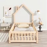 Hearth and Haven Twin House-Shaped Headboard Floor Bed with Fence
, Natural W504119478