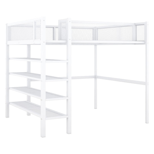English Elm Full Size Metal Loft Bed with 4-tier Shelving Ladder for Kids or Teen Rooms SF000247AAK