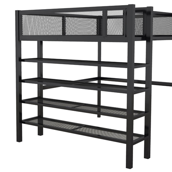 English Elm Full Size Metal Loft Bed with 4-tier Shelving Ladder for Kids or Teen Rooms Black SF000247AAB
