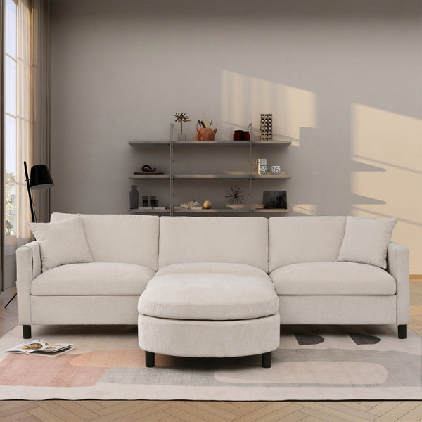 English Elm 107.87'sectional Sofa with Ottoman Removable Cushions Pine Frame L-shaped Living Room Beige W680S00145