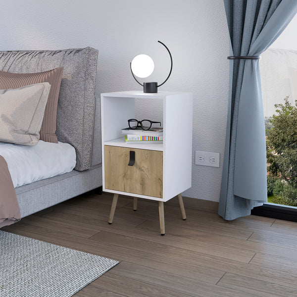 English Elm Nightstand Modern A Magness White & Macadamia Finish with Drawer, Open Shelf, Elevated Legs, Durable Engineered Wood B092P154880