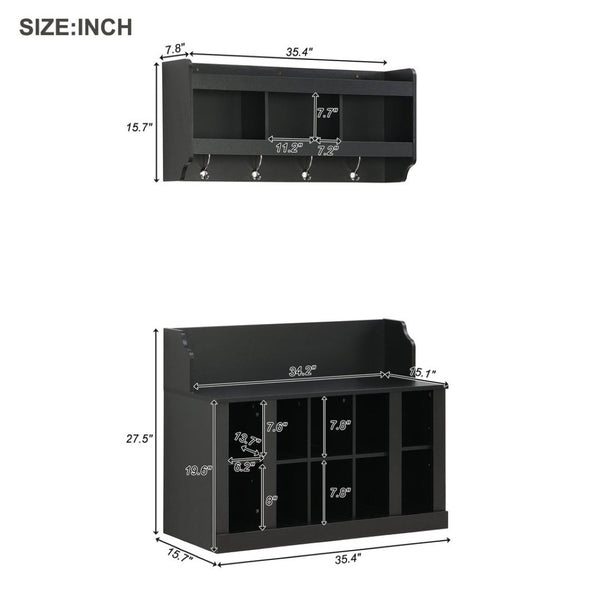 English Elm On-trend Matte Black Entryway Bench with Wall Cabinet Ten Compartments Four Hooks WF313576AAB