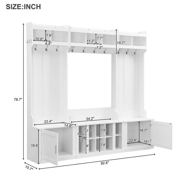 English Elm On-trend Modular Entryway Hall Tree with Hooks Shoe Cubbies Bench and Shelves White N721S000025K
