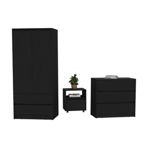 English Elm Beloit 3-Piece Bedroom Set with Rolling Nightstand, Double-Dresser & Armoire — Black Engineered Wood, Ample Storage, Metal-Glide Drawers, Smooth Mobility B092S00244