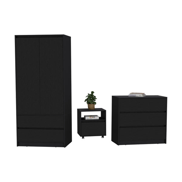 English Elm Beloit 3-Piece Bedroom Set with Rolling Nightstand, Double-Dresser & Armoire — Black Engineered Wood, Ample Storage, Metal-Glide Drawers, Smooth Mobility B092S00244
