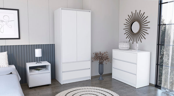English Elm Beloit 3 Piece Bedroom Set with Casters Nightstand, Dresser & Armoire in White – Spacious Storage Designed B092S00243