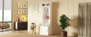 English Elm On-trend Slim Hall Tree Entryway Bench with Cabinet Six Hooks Matte Foyer Storage White N721P249243K