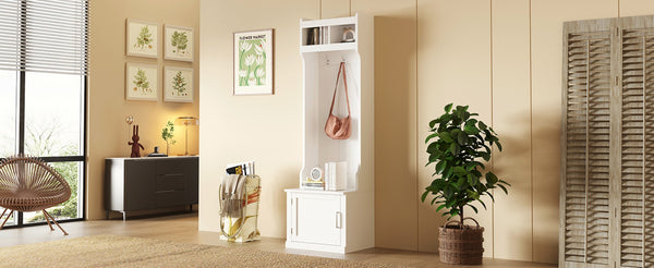 English Elm On-trend Slim Hall Tree Entryway Bench with Cabinet Six Hooks Matte Foyer Storage White N721P249243K
