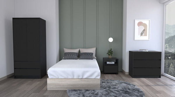 English Elm Beloit 3-Piece Bedroom Set with Rolling Nightstand, Double-Dresser & Armoire — Black Engineered Wood, Ample Storage, Metal-Glide Drawers, Smooth Mobility B092S00244