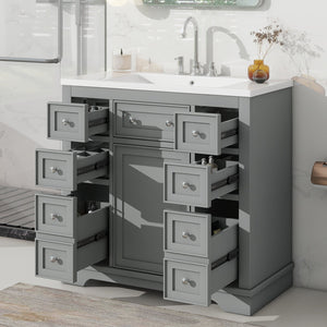 English Elm 36" Modern Bathroom Vanity with Ceramic Sink, Solid Wood & MDF Build, Six Drawers + Cabinet, Durable Finish and Adjustable Shelf for Organized Storage Grey SY999404AAE-6
