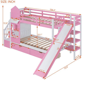 English Elm Twin-over-twin Castle Bunk Bed with Slide Storage Drawers and Shelves for Kids Pink LT000559AAH-3